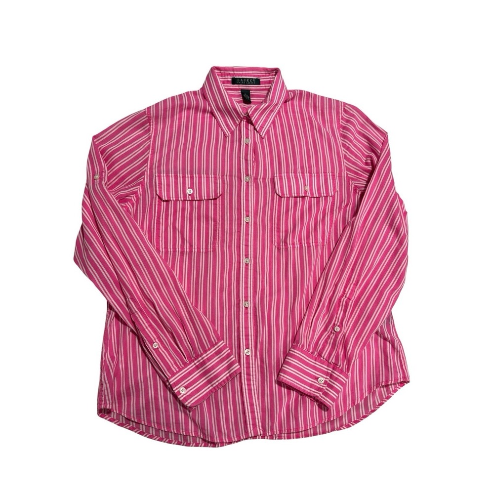 Lauren Ralph Lauren Pink White Striped 100% Cotton Button-Up Shirt‎ Sz L